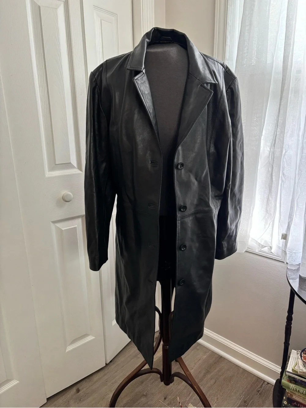 Black Leather Long Coat - Classic Trench Style